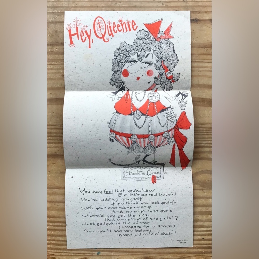 Vintage Hey Queenie Old Lady Paper Note w Poem Dark Humor Gag Gift Funny